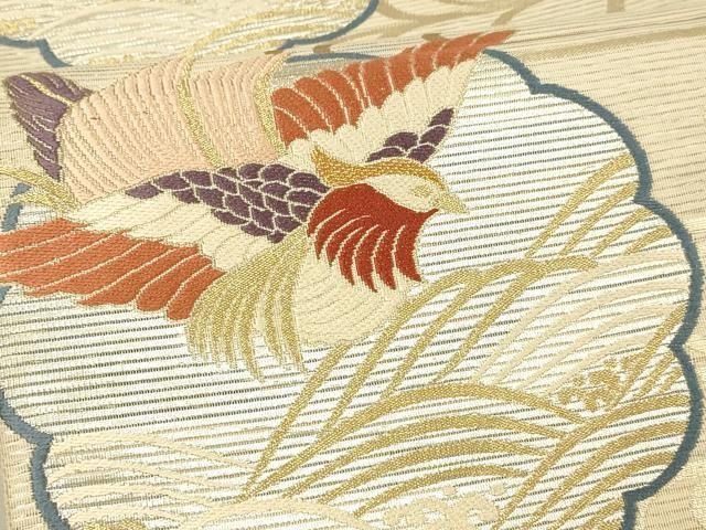 夏の袋帯 花唐草に鴛鴦模様 ゴールド 訪問着付下げに♪和装着物 正絹 4FY1 平和屋着物▽六通柄袋帯 蜀江花文 荒磯 金銀糸 正絹 逸品