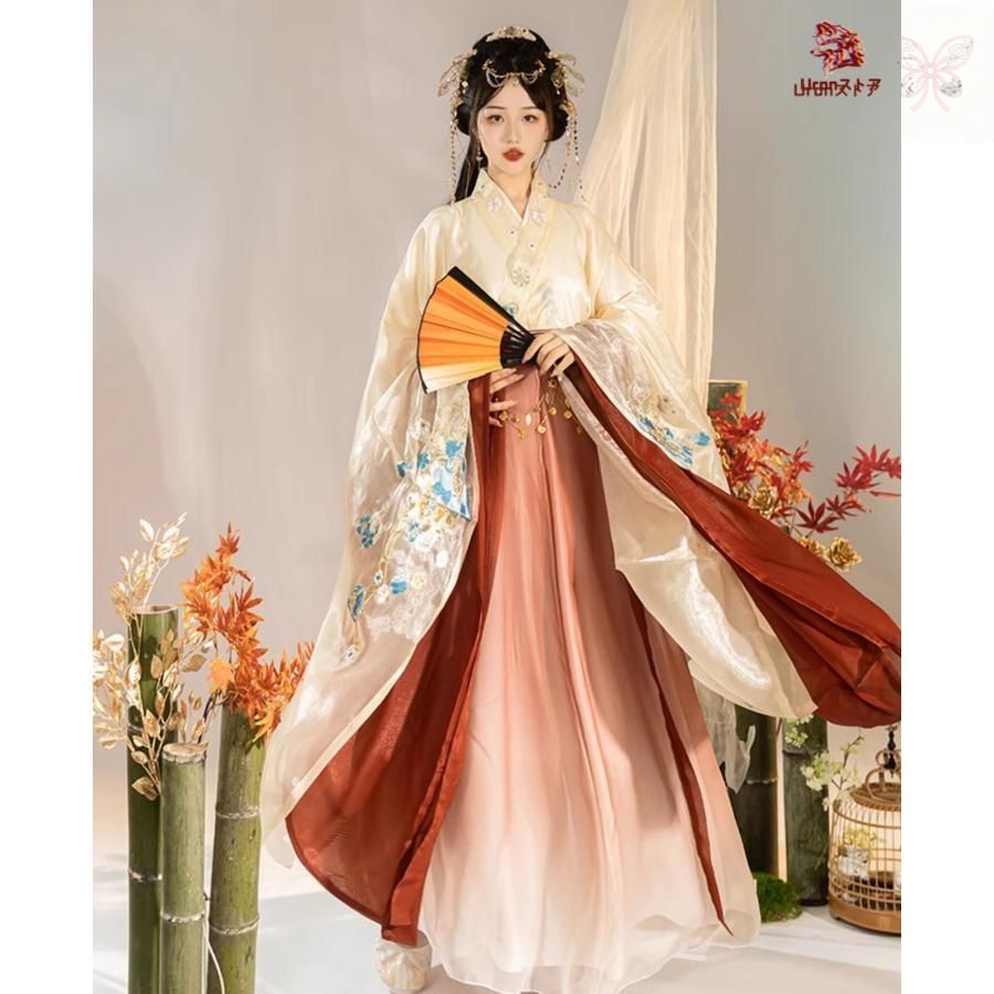 レディース 中華コスプレ衣装 華やか3点セット 振袖 交差襟 色違いブラウス2枚＋巻きスカート 光沢感 花刺繍 中国古代 皇后 貴妃 コスプレ