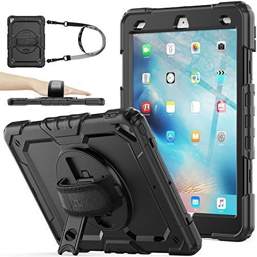 【人気商品】iPad 10.5インチ_ブラック SEYMAC stock iPad Air3/iPad Pro 10.5インチ ケース 耐衝撃 保護フィルム付き ペン収納 360回転スタンド ハンドストラップ ショルダーストラップ 全面保護カバー（