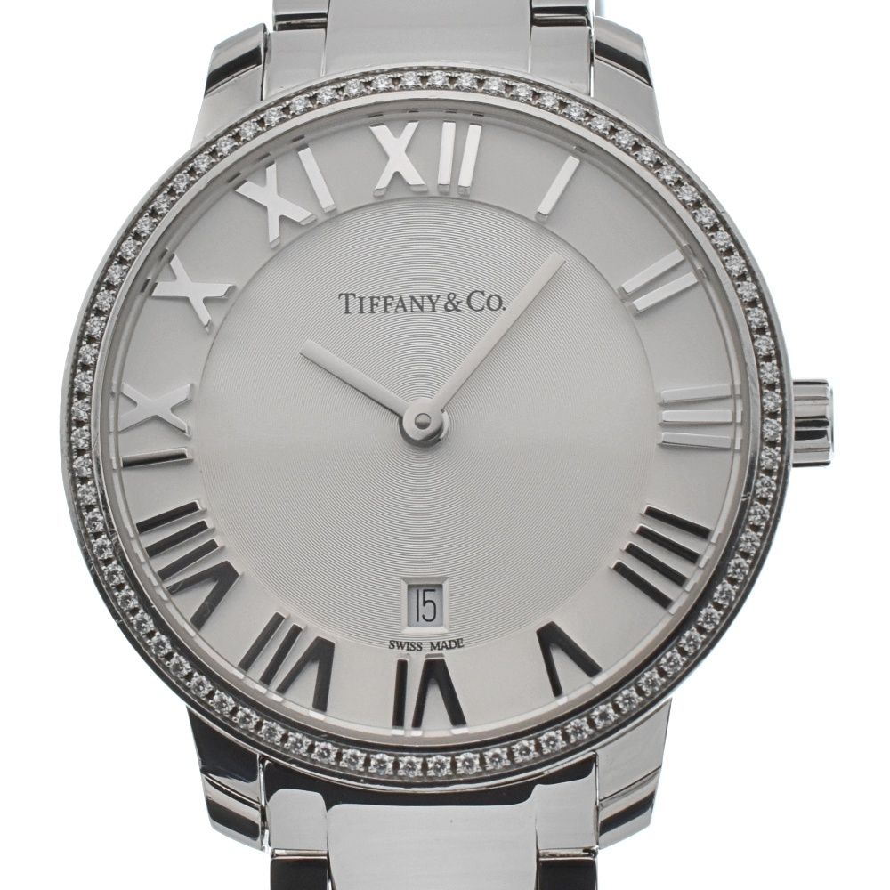 ティファニー TIFFANYu0026Co. 34876177 アトラス 2ハンド デイト ダイヤベゼル クォーツ レディース美品箱付き H#131187