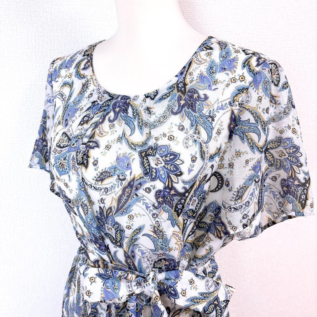 【美品】レリアン 半袖ブラウスワンピース ウエスト紐 13+ 花柄 白×水色 美品】レリアン 半袖ブラウスワンピース ウエスト紐 13+ 花柄 白×水色