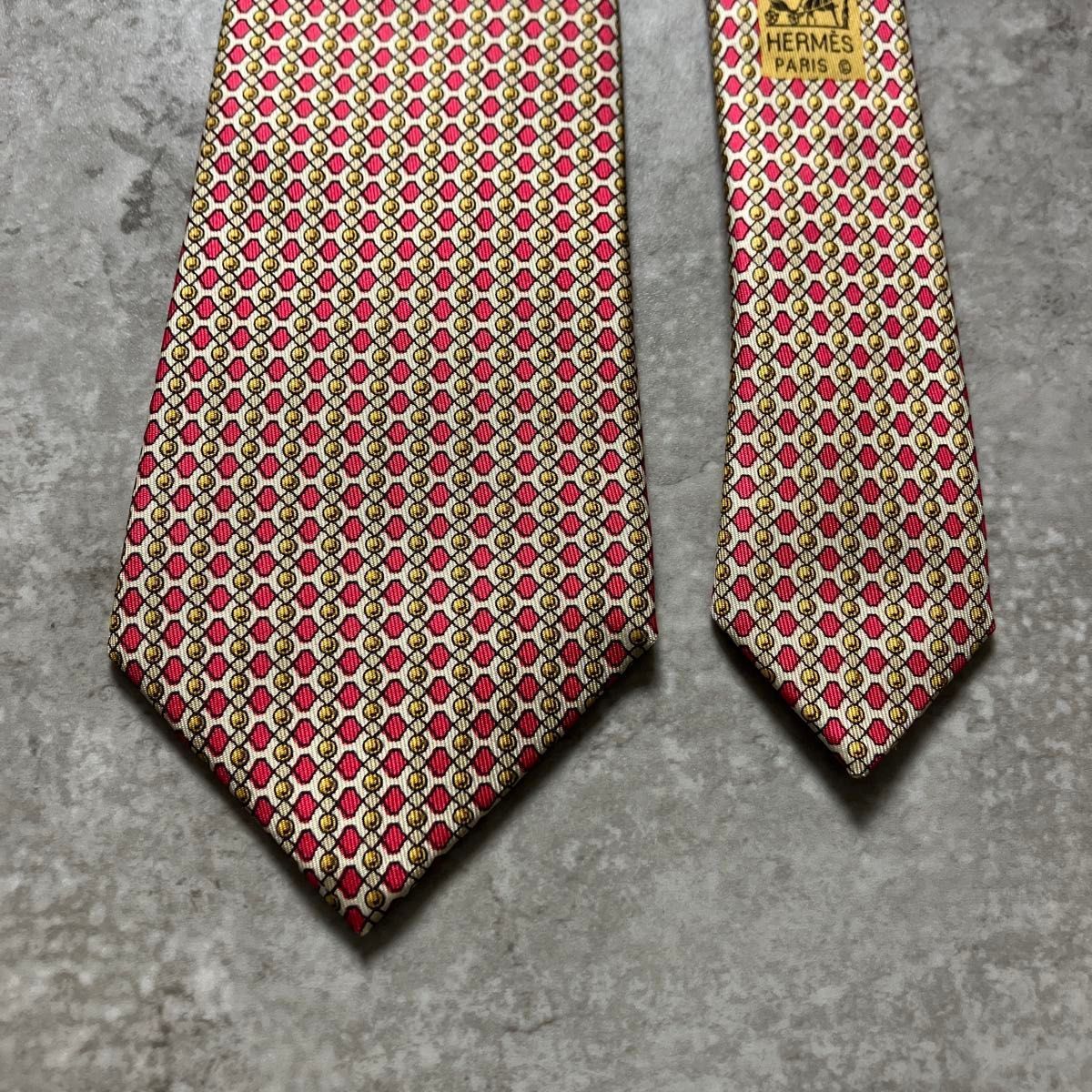 HERMES エルメス ネクタイ 変形H柄 丸 レッド 赤 イエロー 黄色 総柄 シルク フランス製