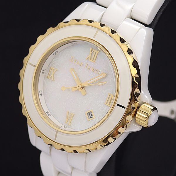 稼働 良品 スタージュエリー QZ ホワイトシェル文字盤 デイト