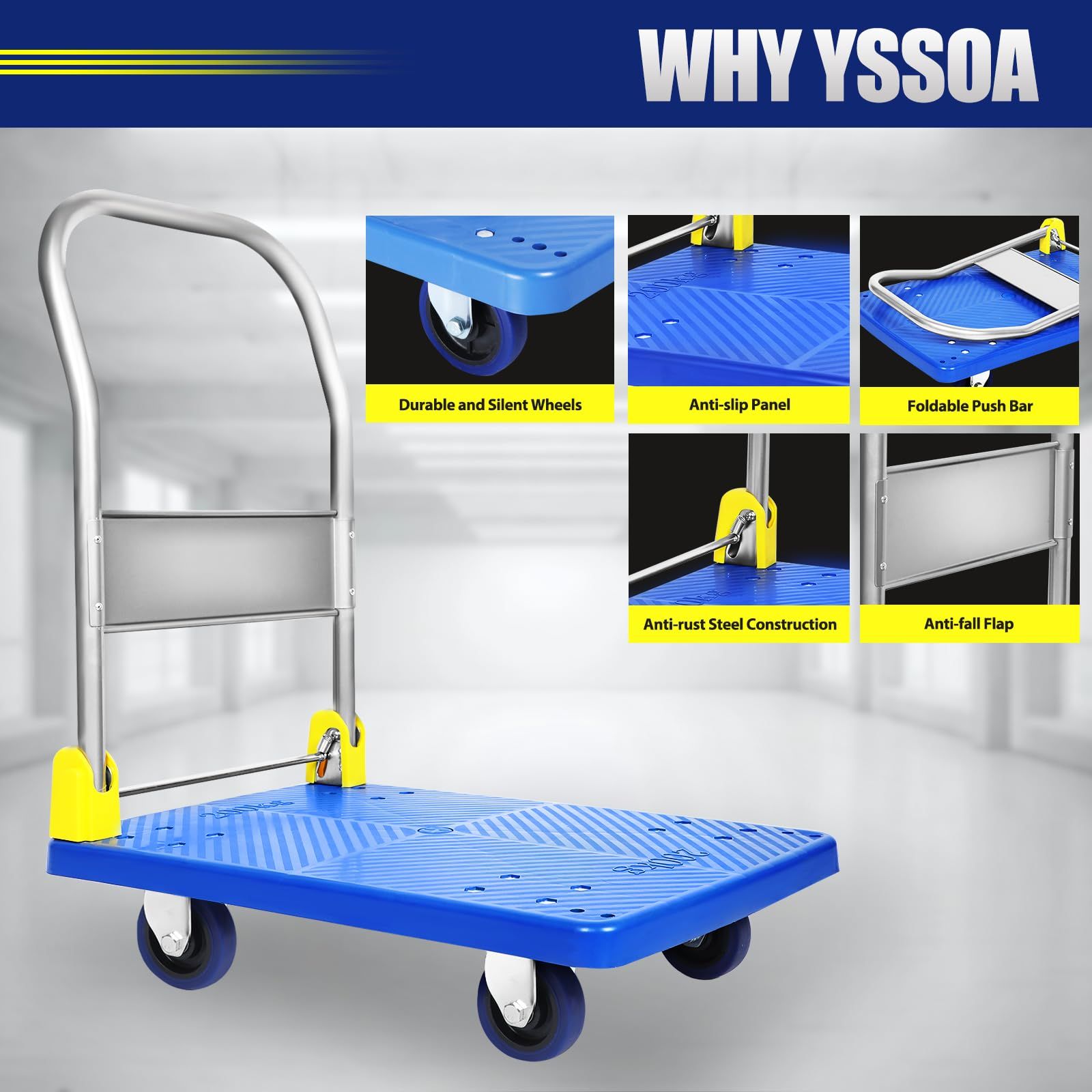 YSSOA台車 折りたたみ プラットフォーム トラック 幅70×奥行50cm 約 耐荷重200KG 360度回転ホイール付き 積み込みと保管用の折りたたみ式プッシュハンドカート 手押し台車 スチール製 静音ホイールを備え