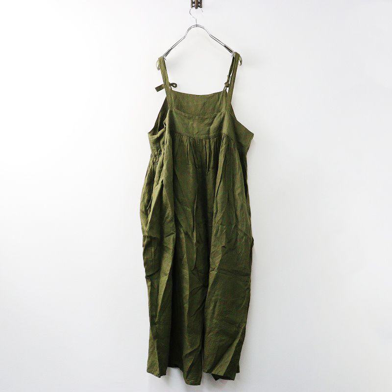 アイテム フォグリネンワーク fog linen work ブルーマ リネンギャザー ワイドサロペットパンツ カーキ┃麻素材