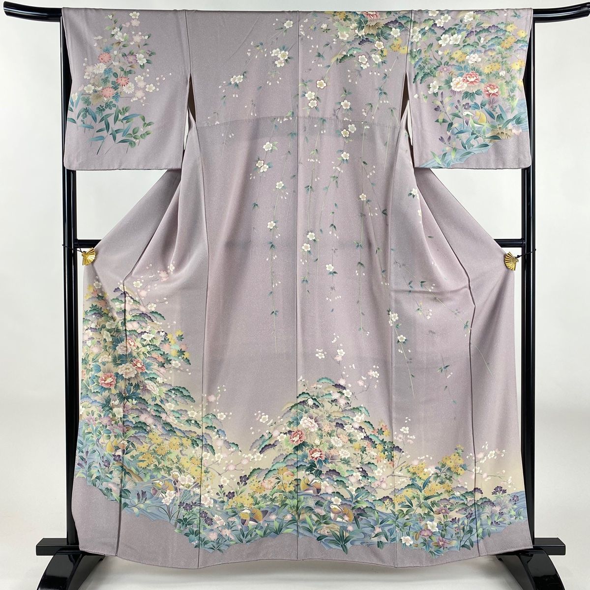 訪問着 身丈161.5cm 裄丈66cm M 袷 草花 鴛鴦 金彩 ぼかし 薄紫 正絹 秀品