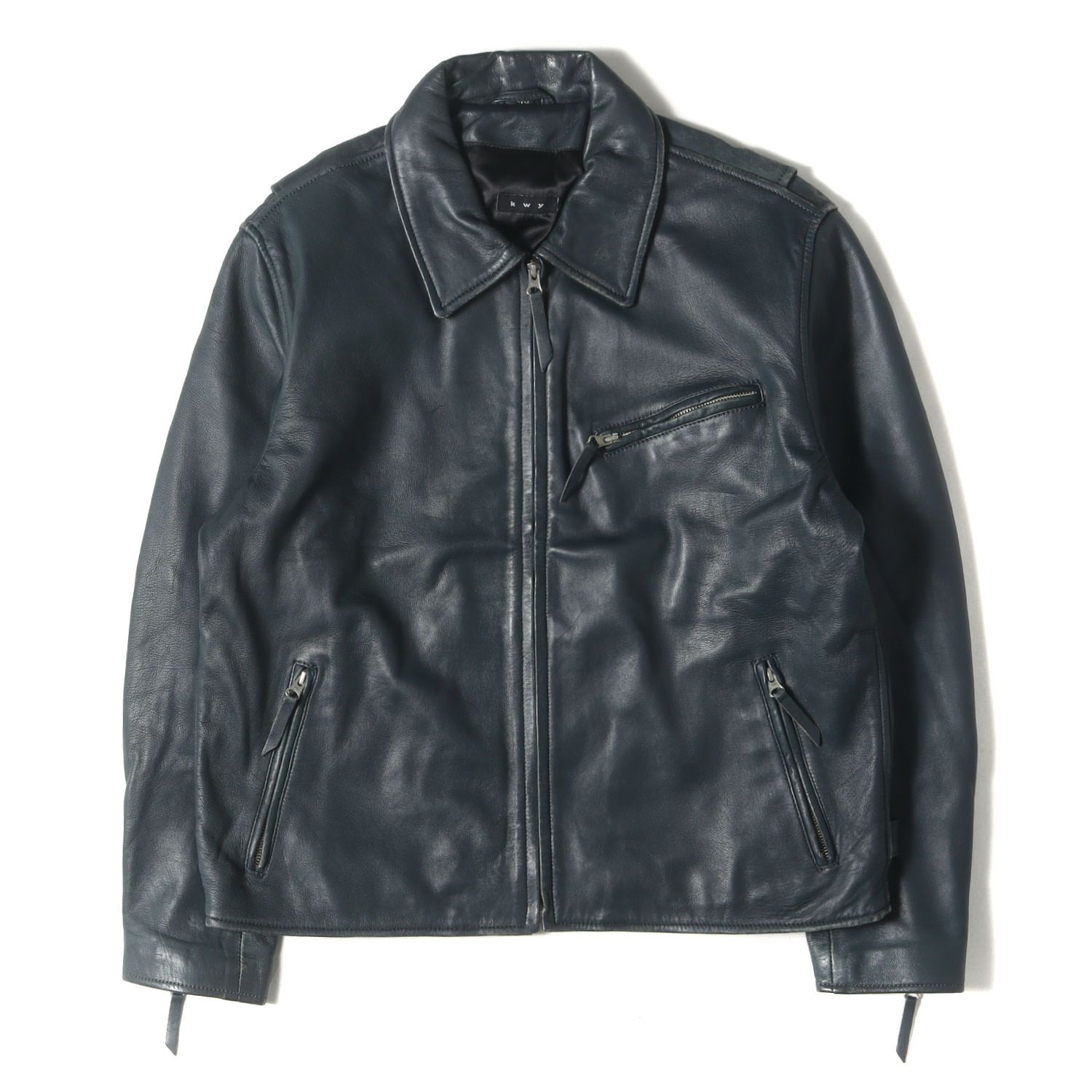 90s - 00s ヴィンテージ古着 雰囲気抜群 00s シープスキンレザー シングル ライダースジャケット KWY ネイビー 紺 サイズ 46 00年代 アウター ブルゾン 上着 メンズ