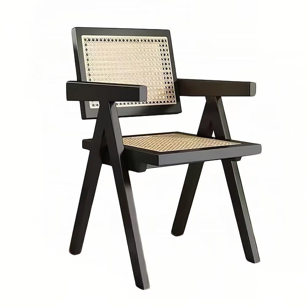 リビング用 ダイニング オフィス 書斎 食卓椅子 背もたれ付き ブラック 肘掛け付 食卓チェア 無垢材シングル 椅子 木製 簡単組立 籐編み ラタンチェア ダイニングチェア KASABULAC