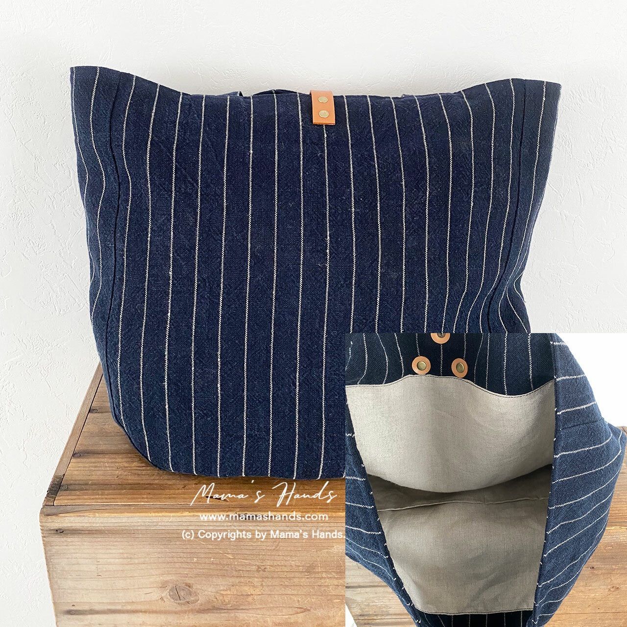 3点売れました 大きい リネン ストライプ ネイビー ブラック ナチュラル 革 トートバック NEXPOTALLINN_EU