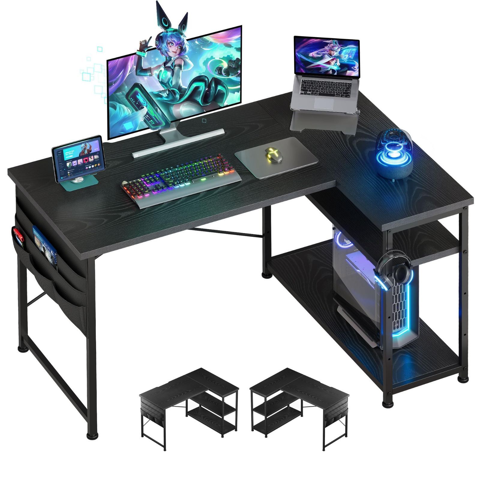 gaming desk ゲーミングテーブル 収納袋付きオフィスデスク 幅107cm ゲームデスク 右棚左棚 ゲーミング机 pcデスク ??? l字デスク つくえ ゲーミングデスク ライティングデスク YeTom 黑い