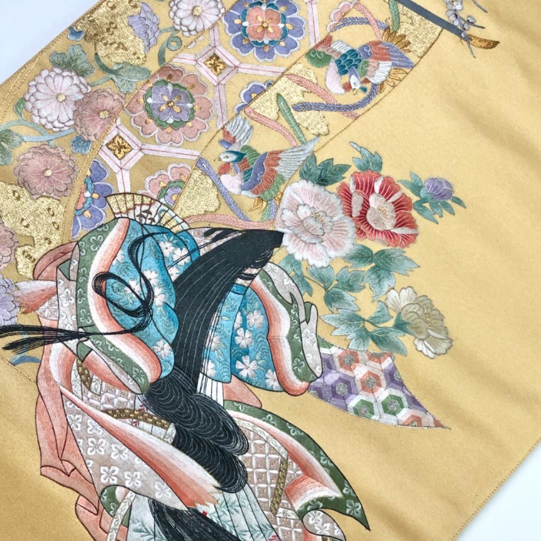 袋帯 総刺繍 衣桁に十二単の女性 花模様 鳥 金銀糸 密陀僧色 O-5161  