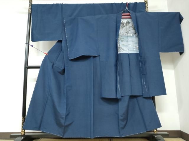 平和屋着物●男性 紬 アンサンブル 長羽織 別誂波多岐紬 鉄紺色 証紙付き キングサイズ 正絹 ♥ DAAW5752ud