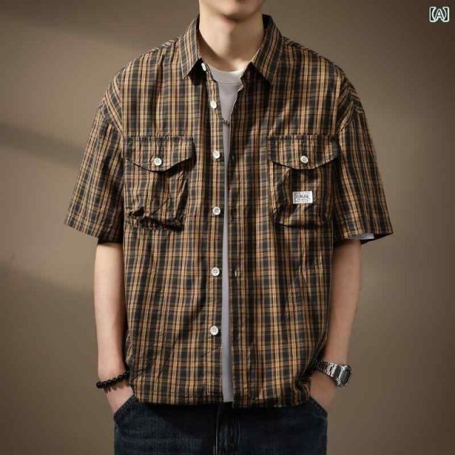 XL n メンズ ファッション 服 オシャレ シンプル 大人 かっこいい 大きいサイズ ストリート 紳士服 アメリカン レトロ ヘビー チェック柄 半袖 シャツ 夏 ワーク シャツ ジャケット