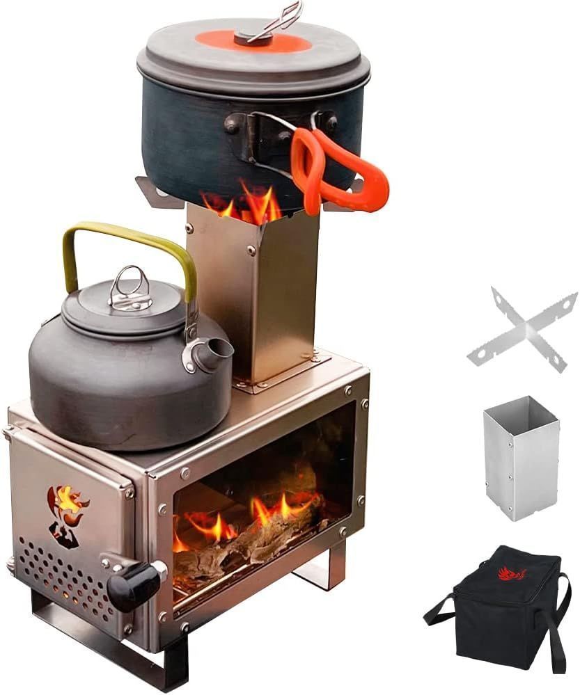 薪ストーブ 新昇級 1台2役 キャンプ 耐熱ガラス窓付き ミニ薪ストーブ