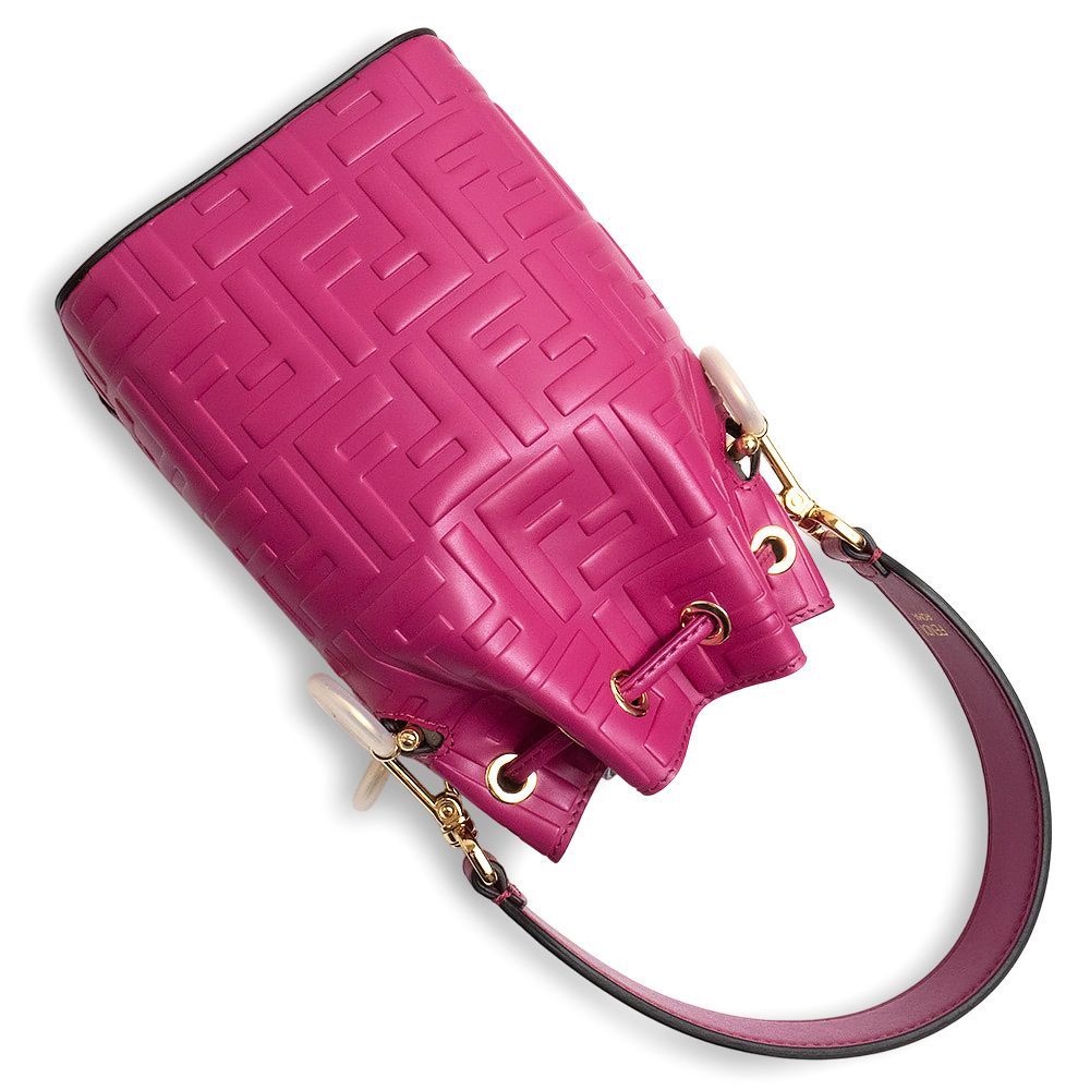 フェンディ モン トレゾール ミニ 巾着 ズッカ柄 2Way ショルダー ハンドバッグ 斜め掛け カーフスキン レザー チクラミーノ ピンク ゴールド金具 8BS010 FENDI DECORATOM_COM_BR