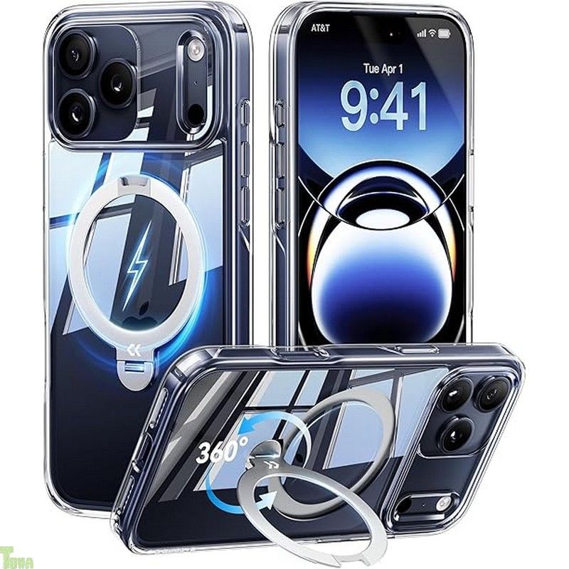 透き通る上質感 定点360°回転 CASEKOO iPhone 17 Pro Max 用 ケース クリア 米軍MIL規格 フィット感 MagSafe対応 最大25W急速充電対応 横縦両立 角度自在 超強磁力 耐衝撃 高耐久性 ラップホール付き 透明.
