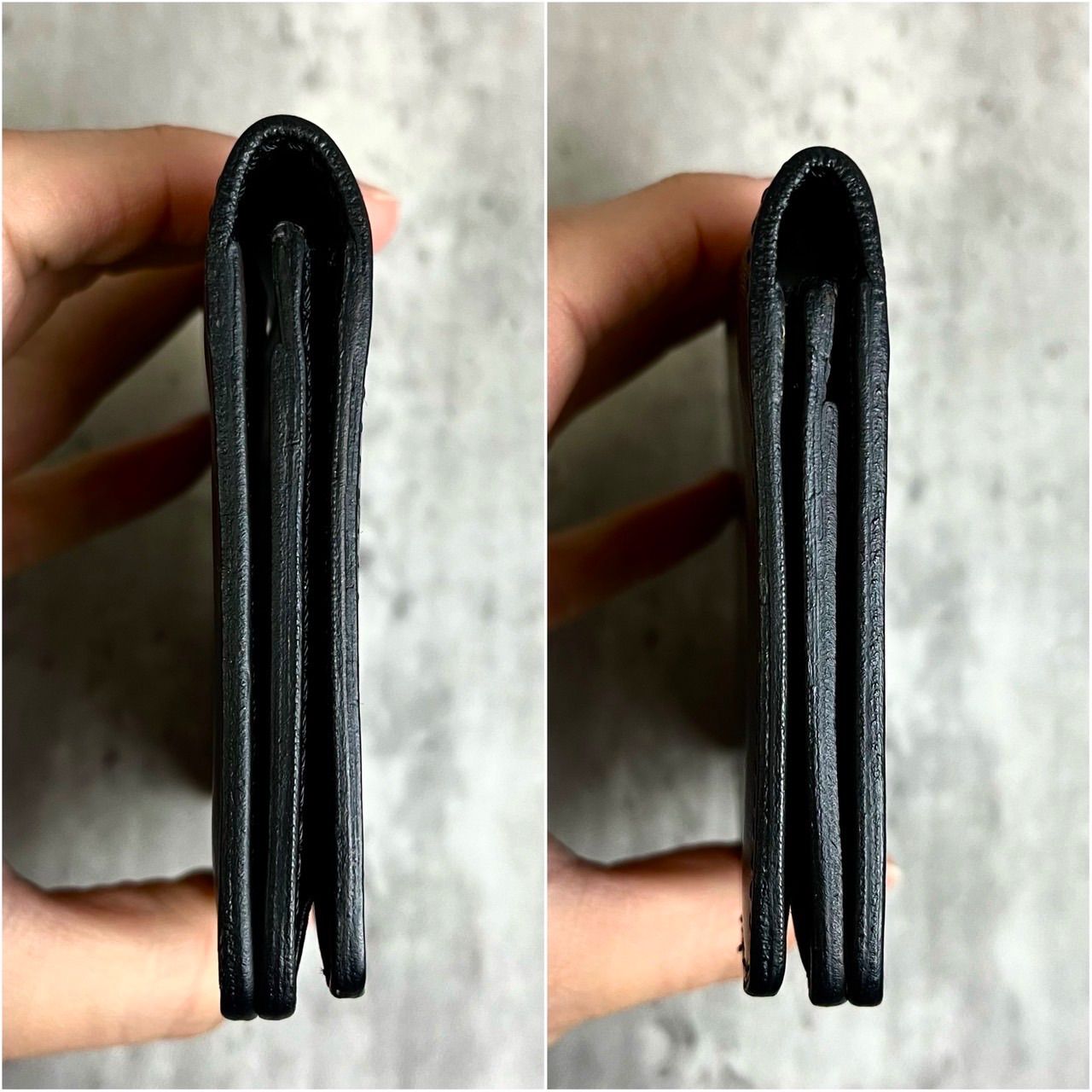 【極美品】ヒロフ 二つ折り財布 エンボスロゴ シボ革 ブラック 男女兼用 ✨良品✨ HIROFU ヒロフ 二つ折り財布 コンパクトウォレット