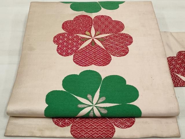 平和屋着物○アンティーク 大正ロマン 九寸名古屋帯 総刺繍 休み鳥枝椿  