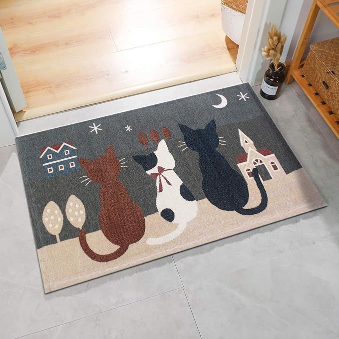 【在庫処分】ANNA´S 玄関マット ねこ柄 げんかんまっと 洗える 薄型 玄関マット 屋内・室内 洗面所マット おしゃれ 玄関まっと すべり止め 耐磨耗性 防臭（グレー， 50*80cm）