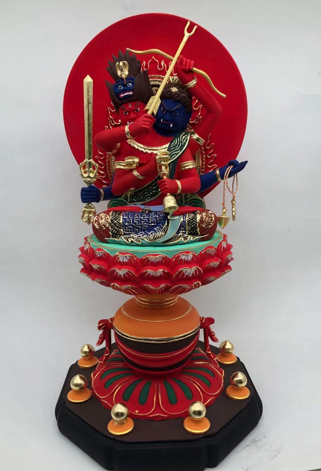 彩 上品 彩色両頭愛染明王像 最 総檜材 木彫仏像 仏教美術 精密細工 切金 高さ30cm