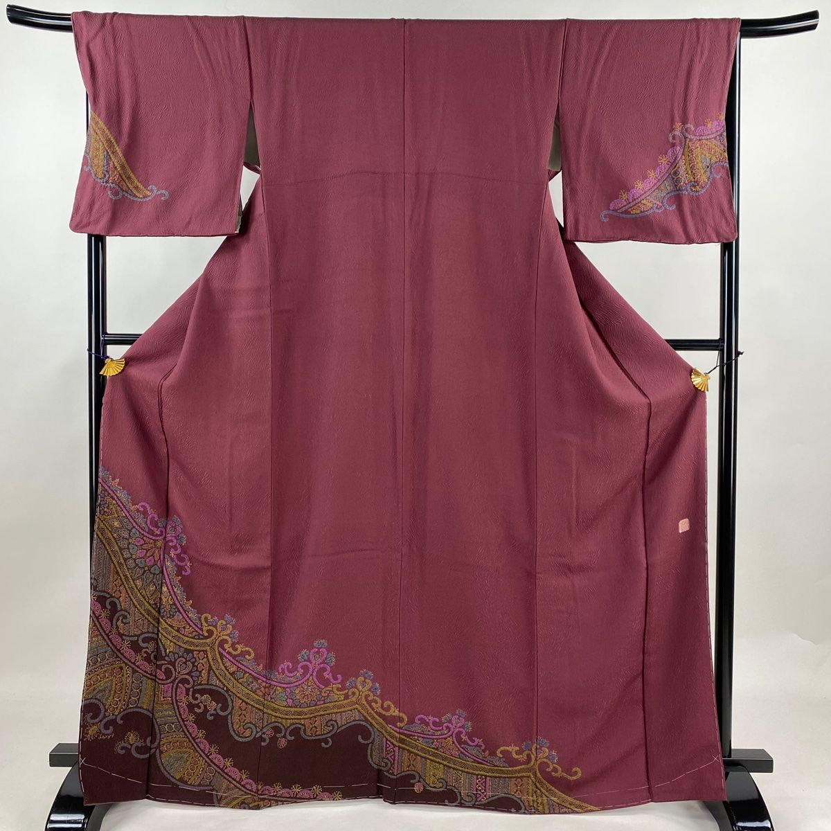 訪問着 身丈168.5cm 裄丈68cm L 袷 滝泰 落款 幾何学模様 金彩 絞り 赤紫 正絹 名品