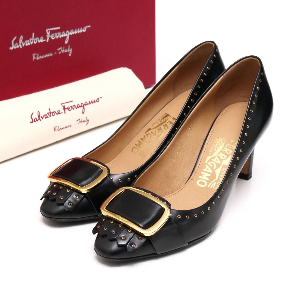 Salvatore Ferragamo サルヴァトーレフェラガモ パンプス サイズ4 1|2 C タッセル バックル ビジュー ハイヒール レザー 靴 イタリア製 ブランド古着 20250523|RA4902