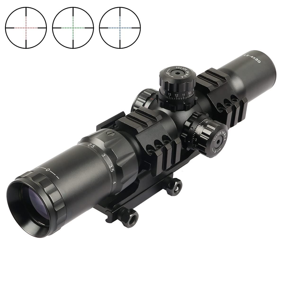 1.5-4x30BE 可変倍率ライフルスコープ ミル ドットサイト 20mmレール対応 サバゲー照準器 ワンピースマウント付属