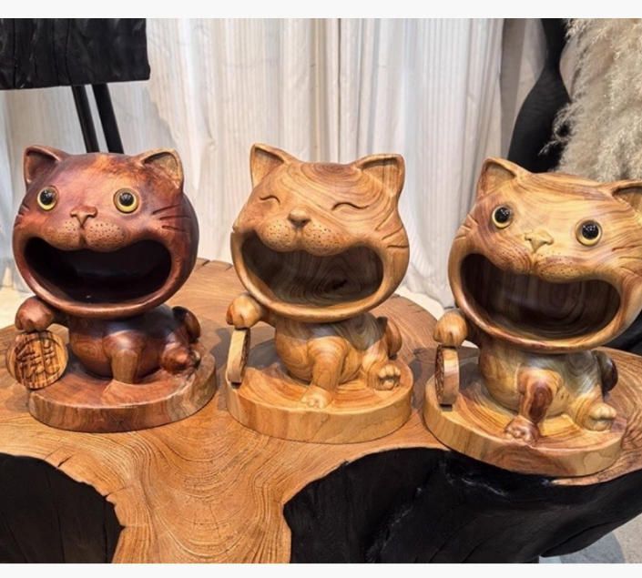 クスノキ招き猫デザイン鍵収納玄関リビングアクセサリー実木手作り網赤KT猫細工