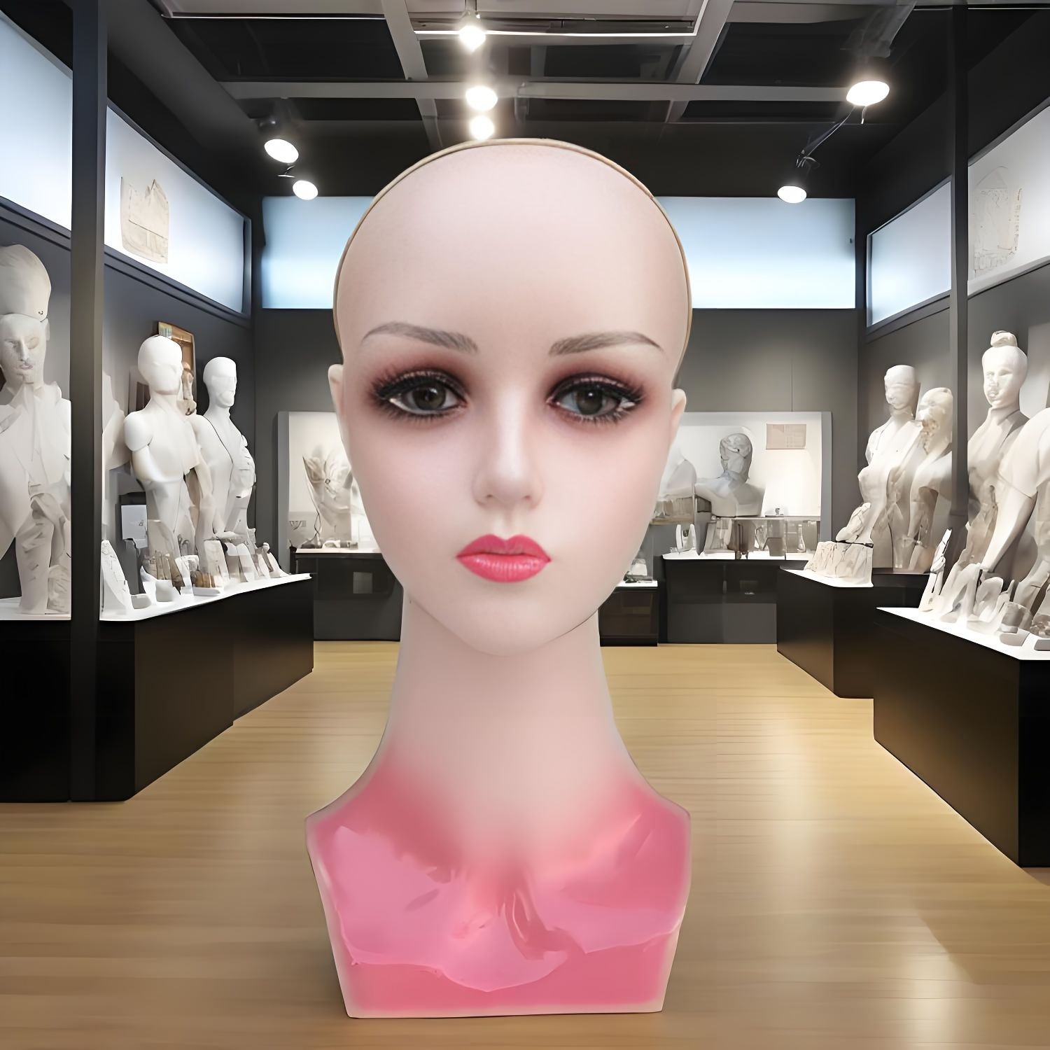 詳細なヘアラインとメイクが施されたリアリストの女性男性人形の頭部 -