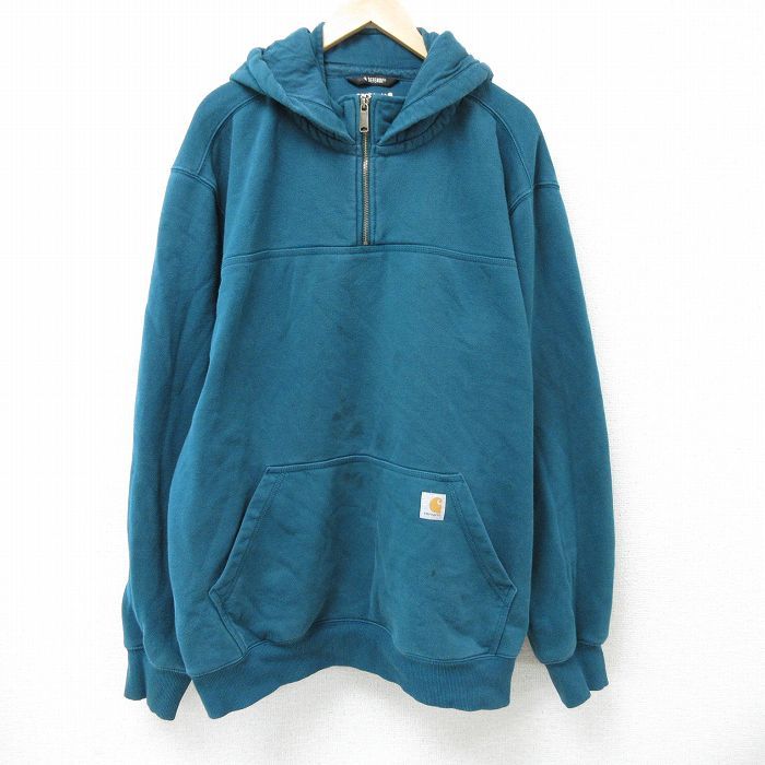 XL/古着 カーハート Carhartt 長袖 ハーフジップ スウェット パーカー メンズ 大きいサイズ ロング丈 緑 グリーン 24aug24 中古 スエット 