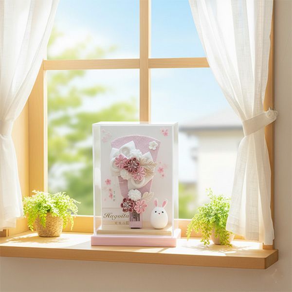 ７号つまみ細工羽子板 舞桜 ピンクA アクリルケース飾り