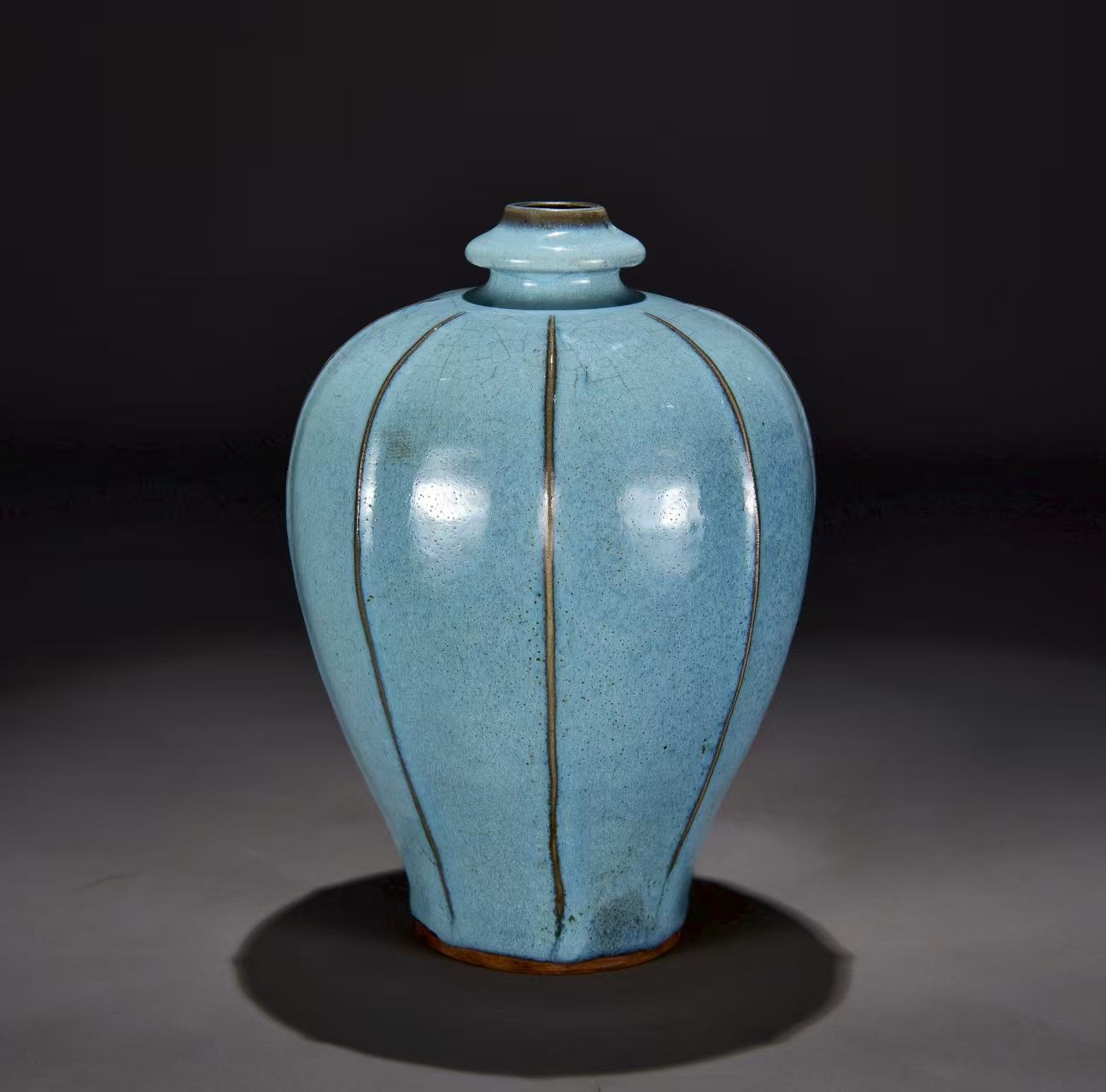中国古美術.精品収蔵.宋時代鈞窯.紅斑瓜稜梅瓶.古陶磁器・置物