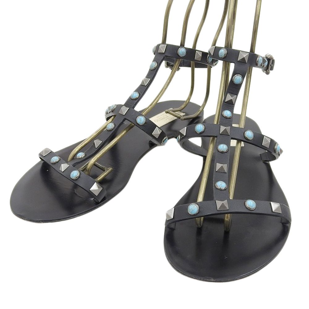 VALENTINO GARAVANI ヴァレンティノガラヴァーニ ビジュー スタッズ アンクルストラップ サンダル 37 1|2 約24.5cm ブラック レディース 古着