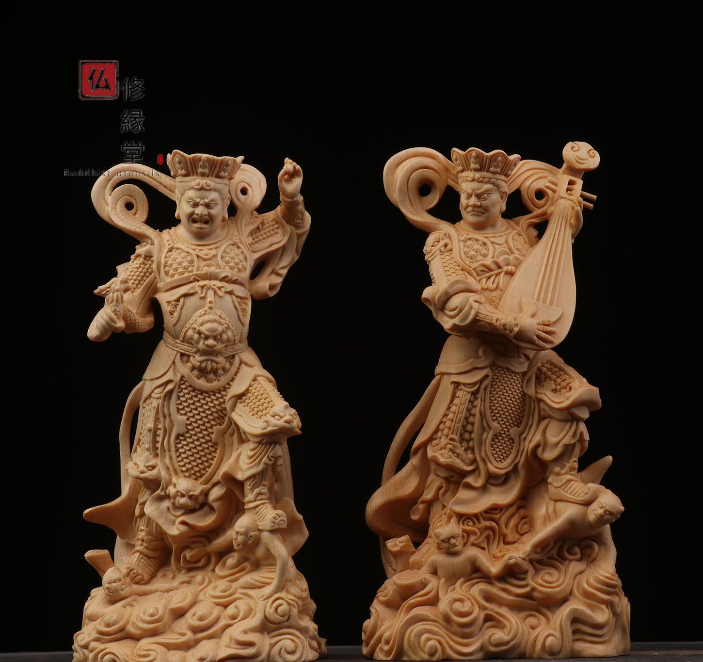 修縁堂】最高級 木彫り 仏像 四天王立像 一式 仏教工芸 精密彫刻