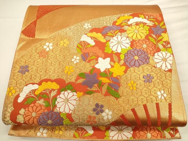 平和屋着物◎六通柄袋帯 唐織 扇面吉祥花文 金糸 正絹 逸品