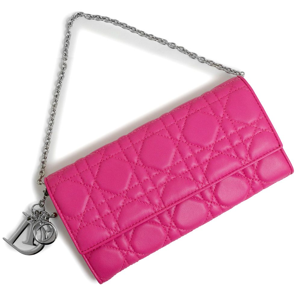 クリスチャンディオール カナージュ チェーンウォレット 長財布 ラムスキン レザー ピンク シルバー金具 CAL43060P Christian Dior