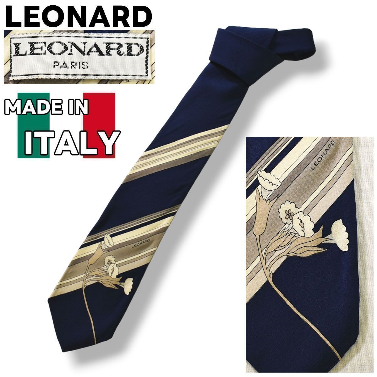 イタリア製 レオナール LEONARD ネクタイ ストライプx花柄