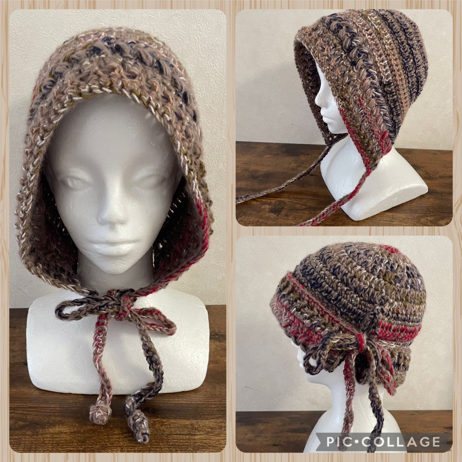 バラクラバ　ハンドメイド　オリジナル手編み　ビーニー　襟巻き バラクラバハンドメイドオリジナル手編みビーニー襟巻き