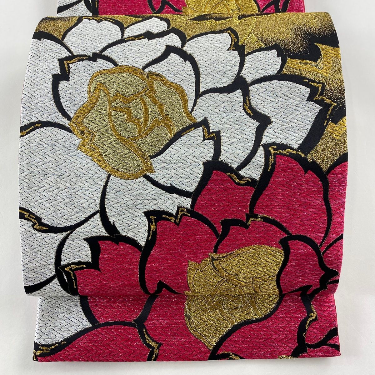 袋帯 美品 秀品 振袖向き 花 金糸 箔 濃ピンク 六通 正絹 【中古