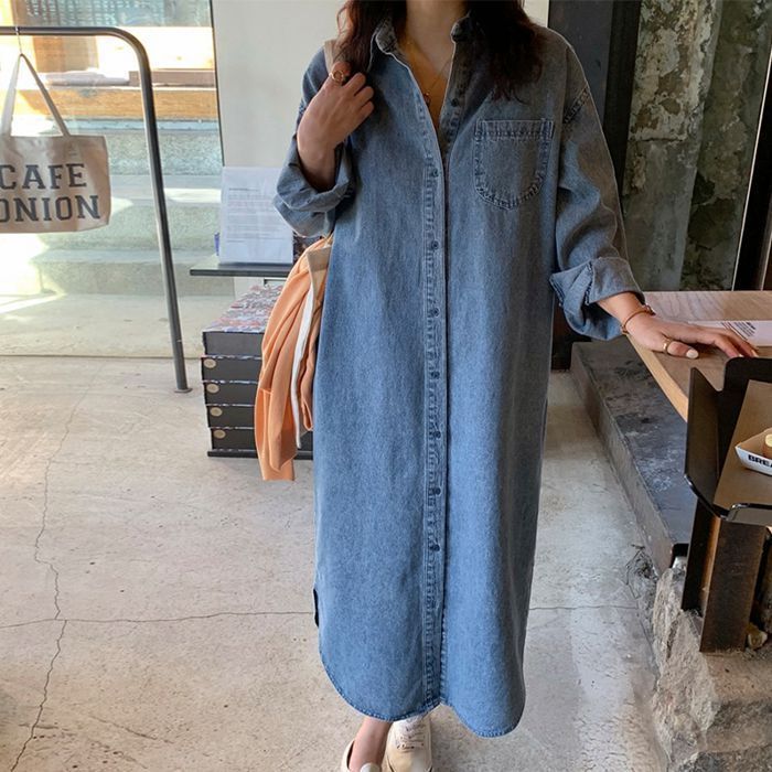 デニムシャツワンピース 長袖 春 秋 冬 レディース デニムワンピース マタニティ ワンピース シャッツワンピース デニムアウター オシャレ羽織 ロングワンピース 体型カバーxkmilyx239