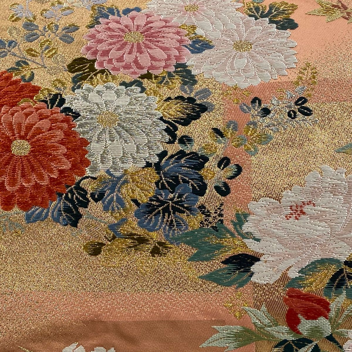 袋帯 秀品 草花 唐織 金糸 サーモンピンク 六通 正絹
