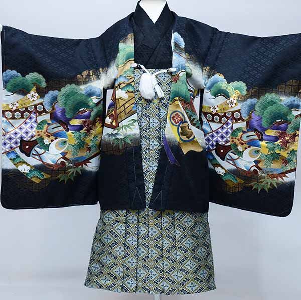 七五三 五歳 男児 男の子 羽織袴フルセット 着物 黒地 鷹 お