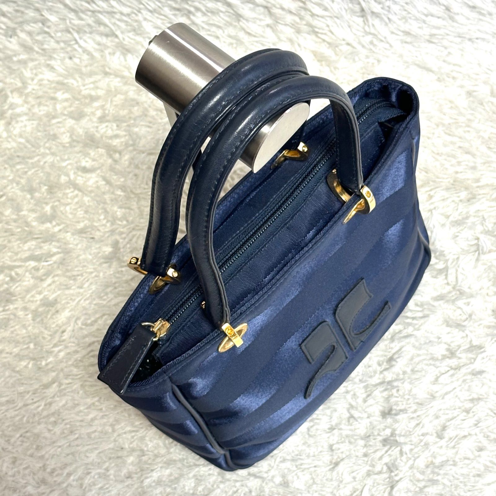 美品】courreges クレージュ ハンドバッグ ナイロン レザー デカロゴ 