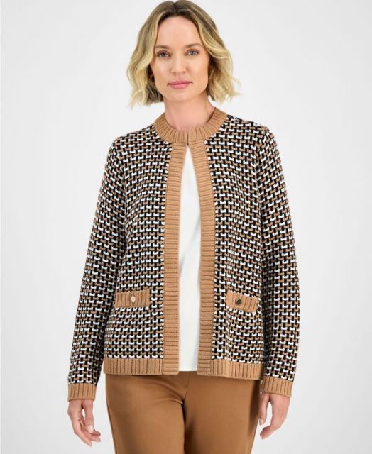 送料無料 カスパール レディース ニット セーター アウター Petite Textured Contrast-Trim Cardigan Medium Camel Multi