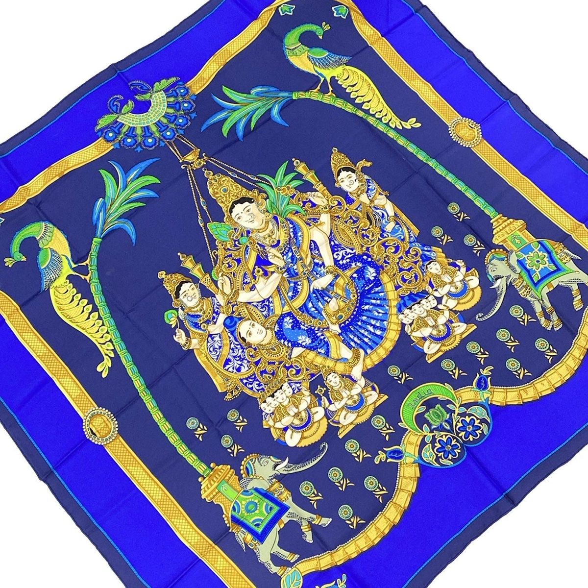 HERMES エルメス スカーフ カレ90 ブルー×イエロー×グリーン India