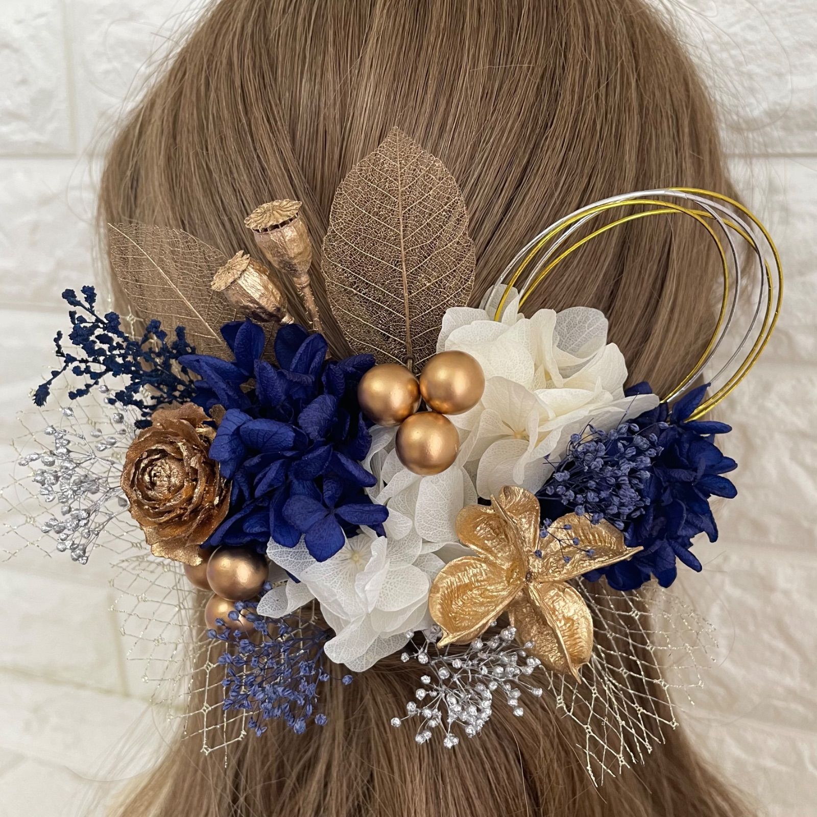 プチディープブルー♡金箔付♡髪飾り ヘッドドレス 前撮り 成人式 卒業式 七五三 ライトブルー♡金箔付♡髪飾り ヘッドドレス 前撮り 成人式 卒業式