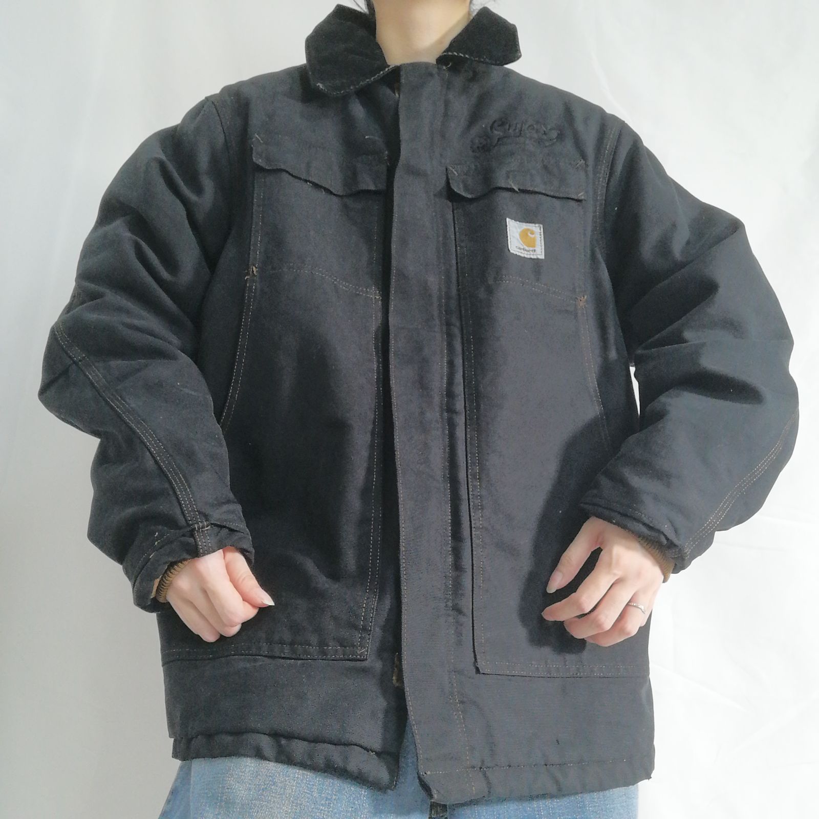 人気カラー】Carhartt カーハート ダックジャケット トラディショナルコート ワークジャケット 企業ロゴ 刺繍 後染め 黒 メンズL 古着  /N592 - メルカリ