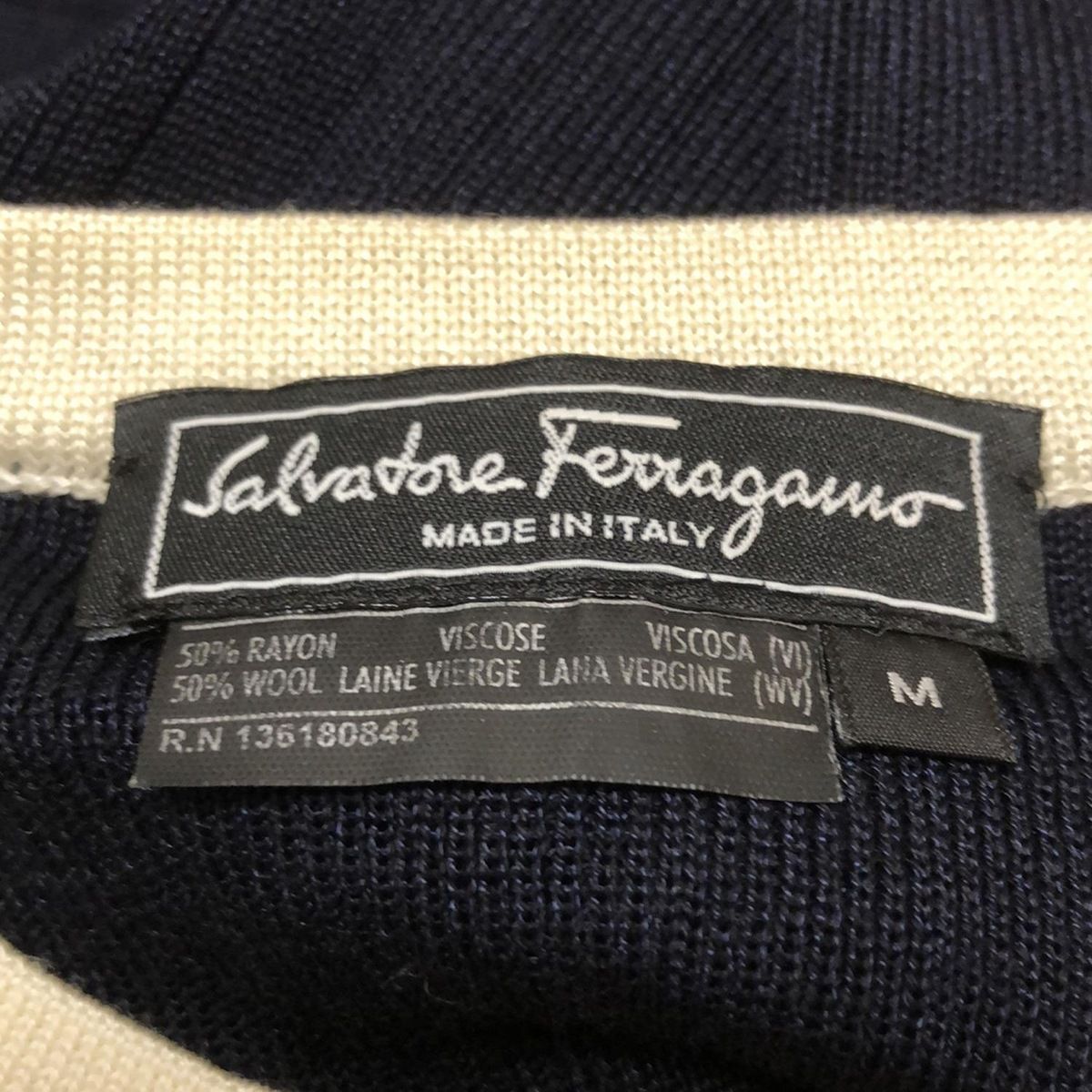 Salvatore Ferragamo サルヴァトーレフェラガモ  半袖ニット  サイズ:M  ネイビー×ホワイト  レディース ボーダー ガンチーニ トップス Salvatore Ferragamo - 古着 Salvatore Ferragamo