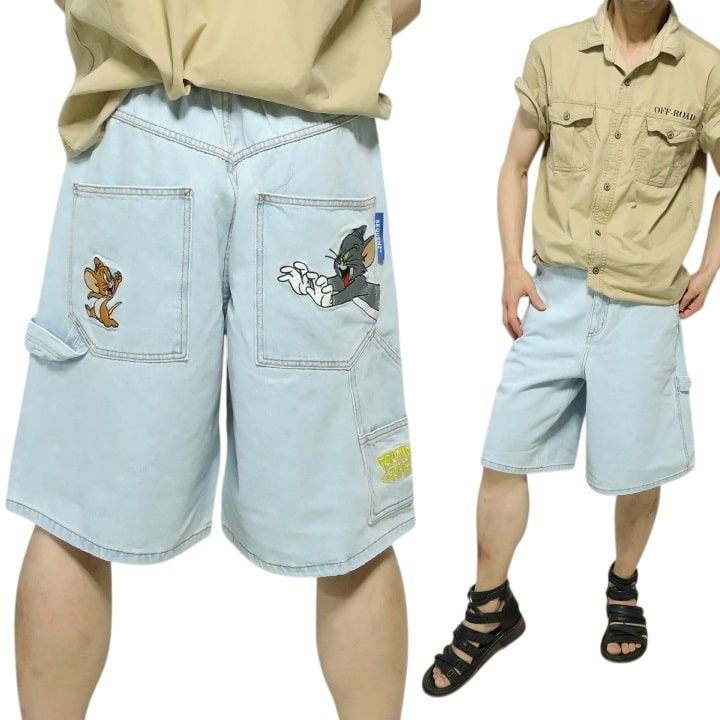 トムとジェリー デニム ハーフパンツ 刺繍 メンズ アニメ 刺繍