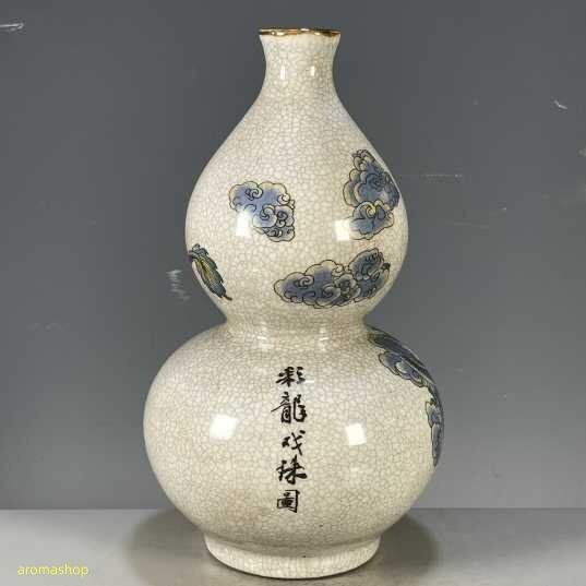 五彩龍紋瓢箪賞瓶 置物 開片 装飾品 花瓶 磁器 中国陶磁 収蔵品